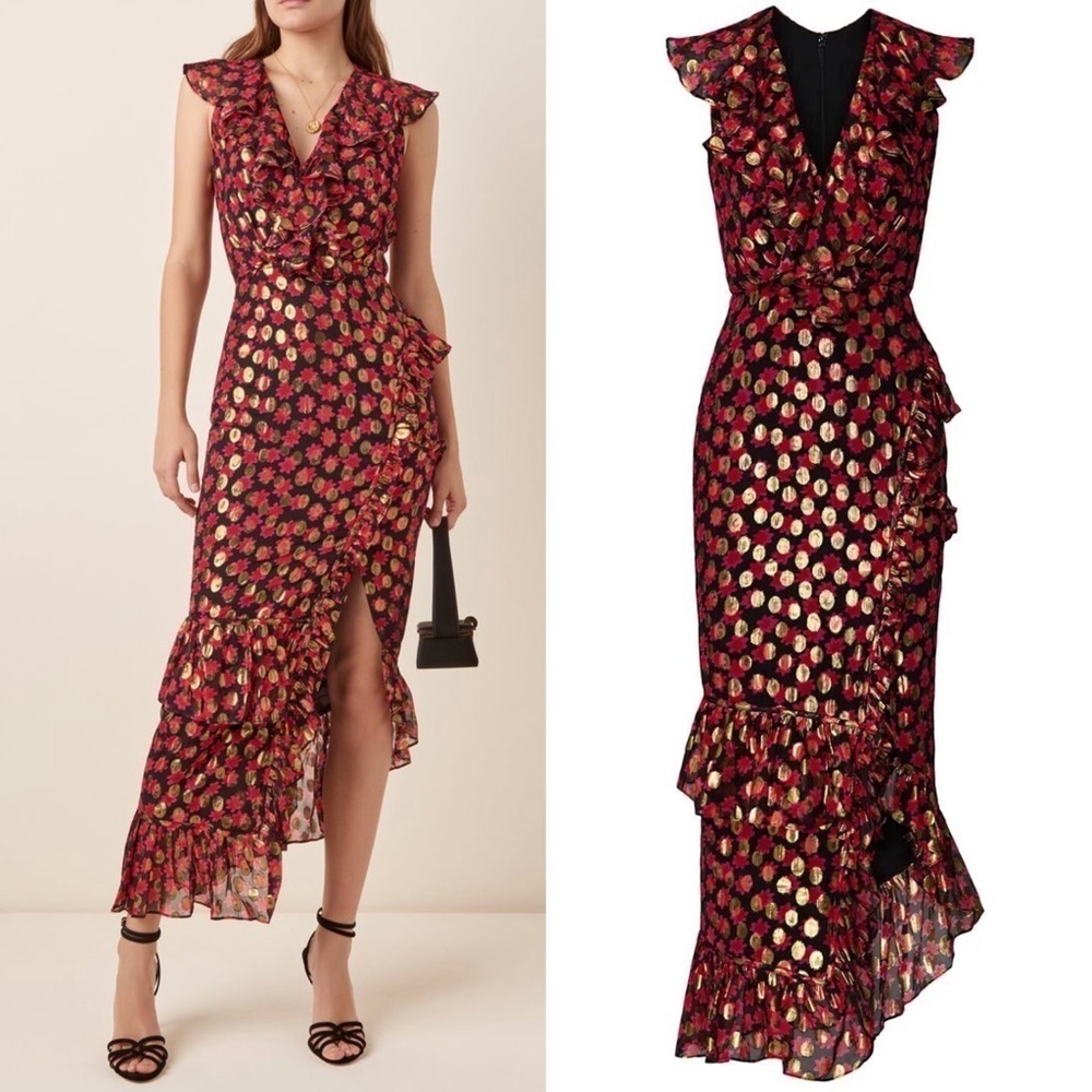 SALONI Printed Anita Dress in Red/Black/Gold Burnout Ruffle Size 2